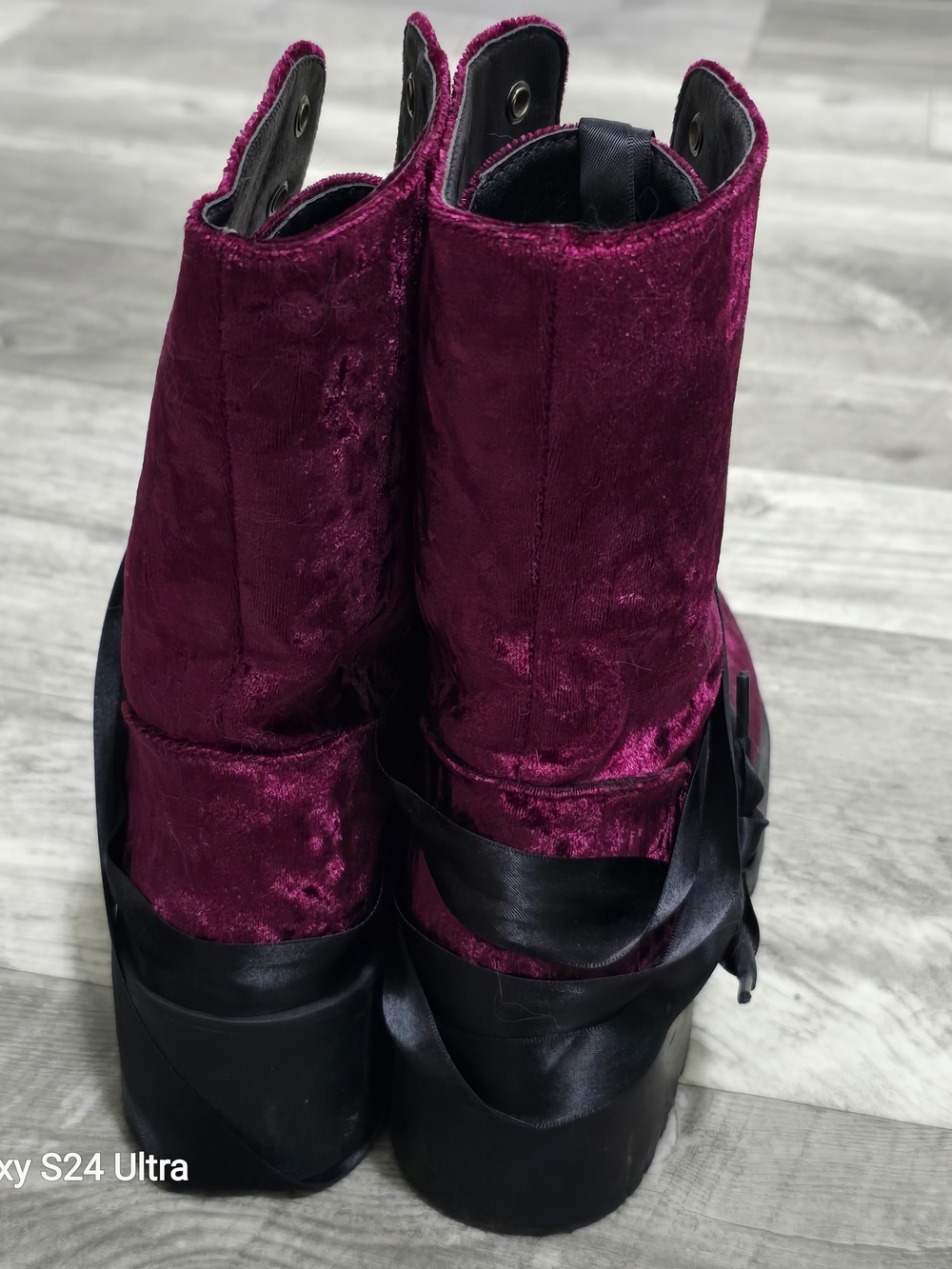 Dolls Kill Burgundy Velvet Lace-Up Platform Boots with Satin Laces - Picture 7 of 7